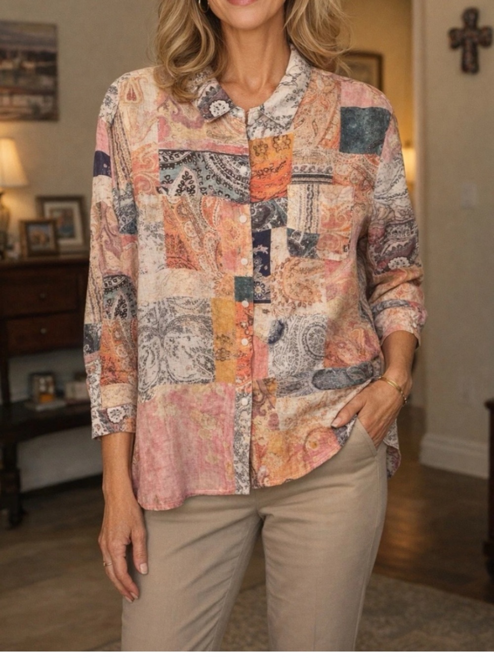 Magaschoni 100% Linen Patchwork Paisley Button Down Blouse S Summer Lightweight